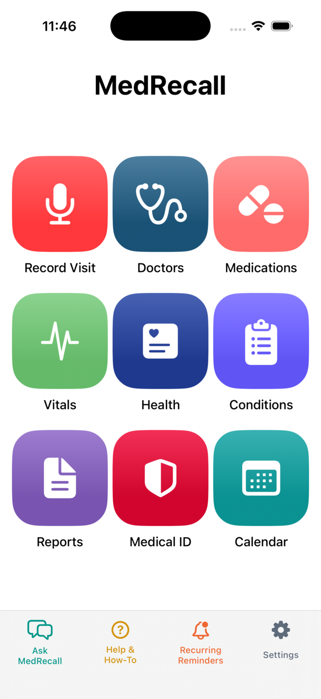 MedRecall Home screen, showing the Record Visit, Doctors, Medications, Vitals, Health, Conditions, Reports, Medical ID and Calendar tiles