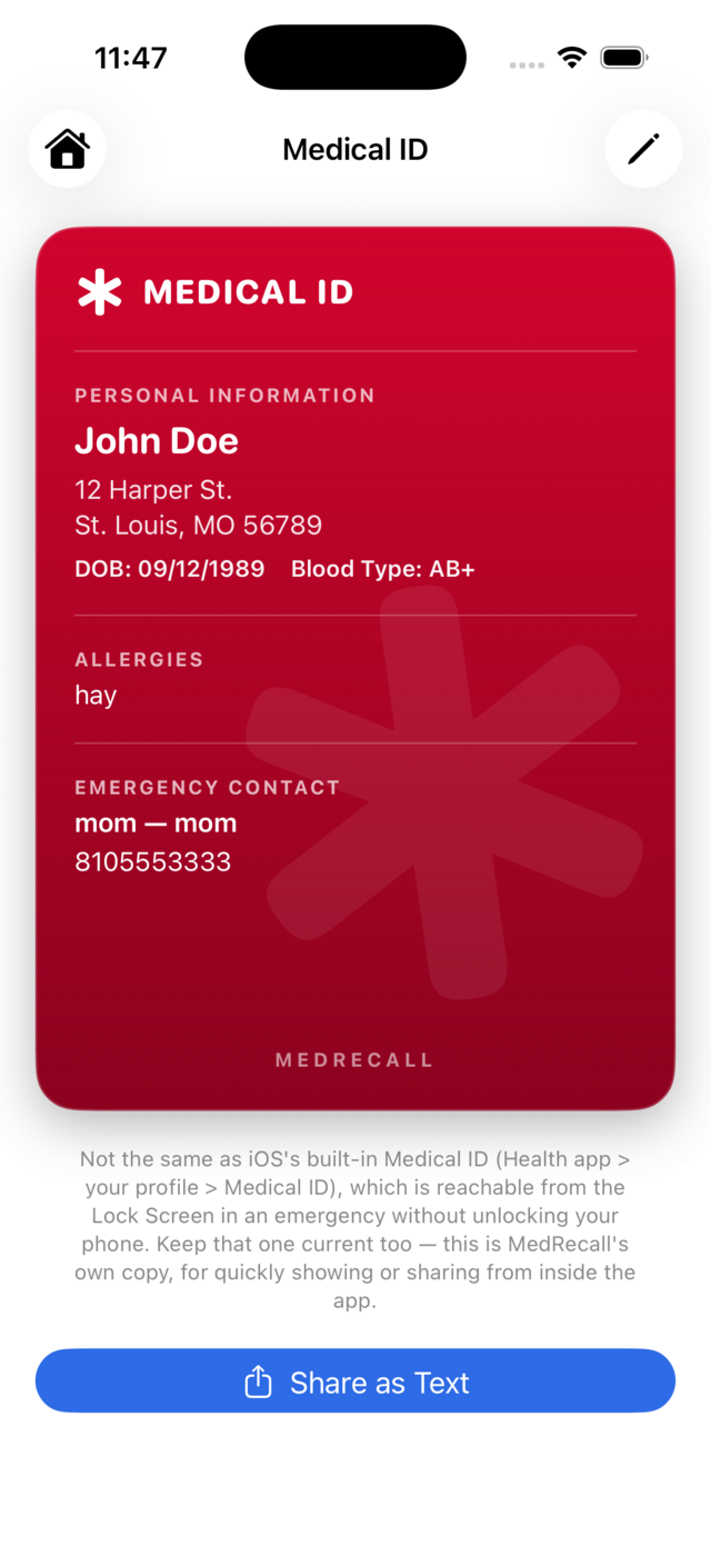 MedRecall Medical ID screen